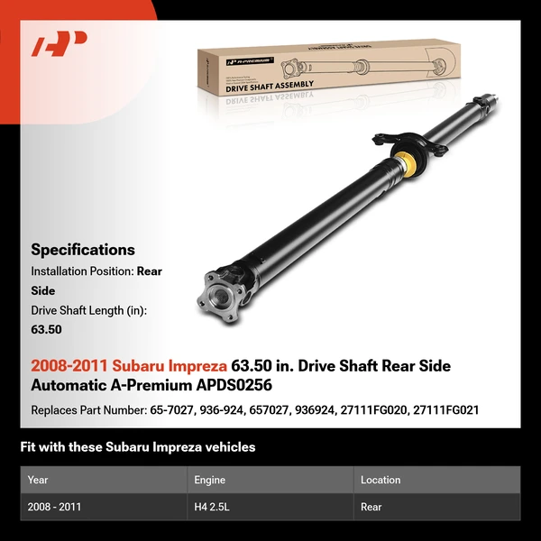 2008-2011 Subaru Impreza 63.50 in. Drive Shaft Rear Side Automatic A-Premium APDS0256