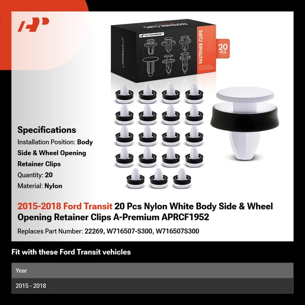 2015-2018 Ford Transit 20 Pcs Nylon White Body Side & Wheel Opening Retainer Clips A-Premium APRCF1952