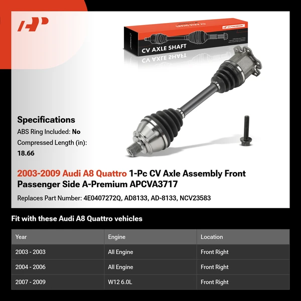 2003-2009 Audi A8 Quattro 1-Pc CV Axle Assembly Front Passenger Side A-Premium APCVA3717