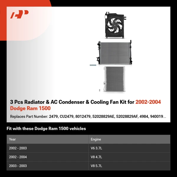 3 Pcs Radiator & AC Condenser & Cooling Fan Kit for 2002-2004 Dodge Ram 1500