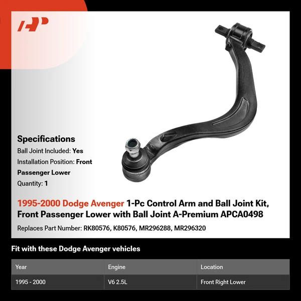 1995-2000 Dodge Avenger 1-Pc Control Arm and Ball Joint Kit, Front Passenger Lower with Ball Joint A-Premium APCA0498