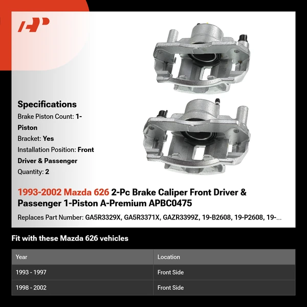 1993-2002 Mazda 626 2-Pc Brake Caliper Front Driver & Passenger 1-Piston A-Premium APBC0475