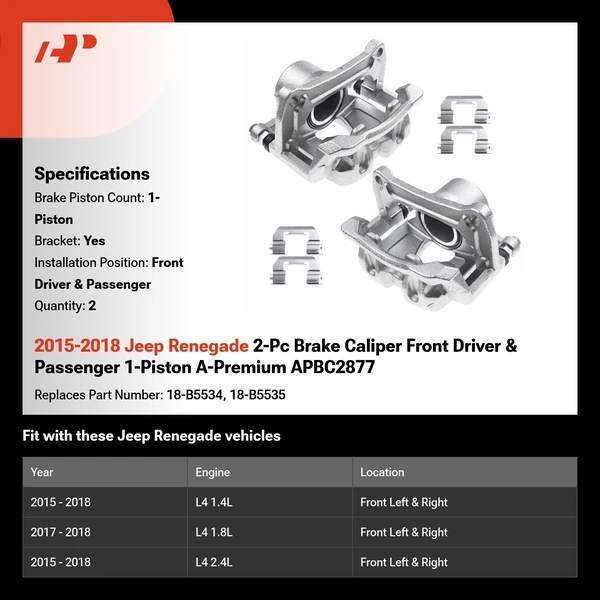 2015-2018 Jeep Renegade 2-Pc Brake Caliper Front Driver & Passenger 1-Piston A-Premium APBC2877