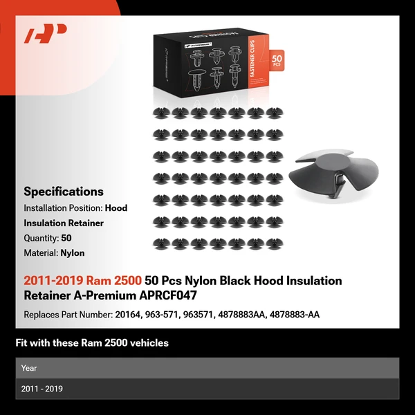 2011-2019 Ram 2500 50 Pcs Nylon Black Hood Insulation Retainer A-Premium APRCF047