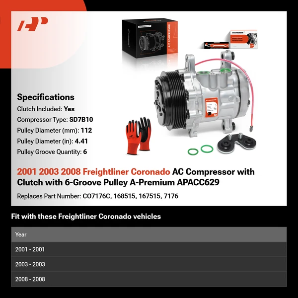 2001 2003 2008 Freightliner Coronado AC Compressor with Clutch with 6-Groove Pulley A-Premium APACC629