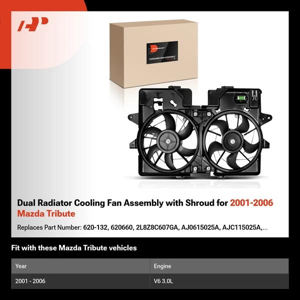 Dual Radiator Cooling Fan Assembly with Shroud for 2001-2006 Mazda Tribute