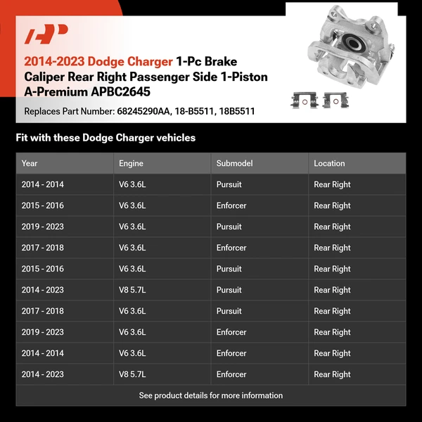 2014-2023 Dodge Charger 1-Pc Brake Caliper Rear Right Passenger Side 1-Piston A-Premium APBC2645