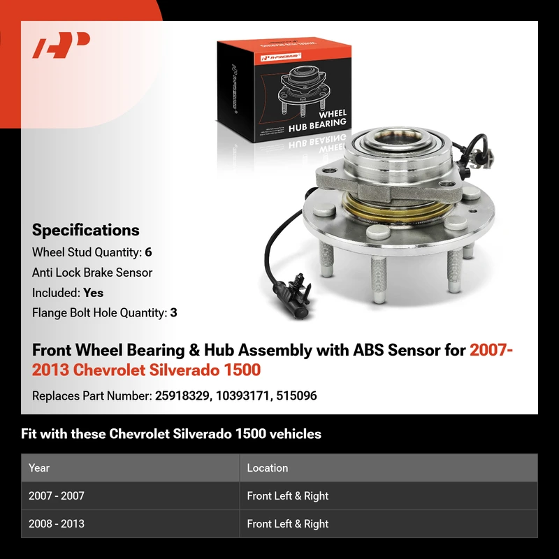 Front Wheel Bearing & Hub Assembly with ABS Sensor for 2007-2013 Chevrolet Silverado 1500