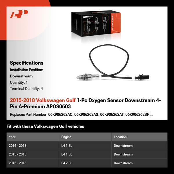 2015-2018 Volkswagen Golf 1-Pc Oxygen Sensor Downstream 4-Pin A-Premium APOS0603