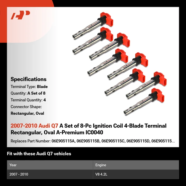 2007-2010 Audi Q7 A Set of 8-Pc Ignition Coil 4-Blade Terminal Rectangular, Oval A-Premium IC0040