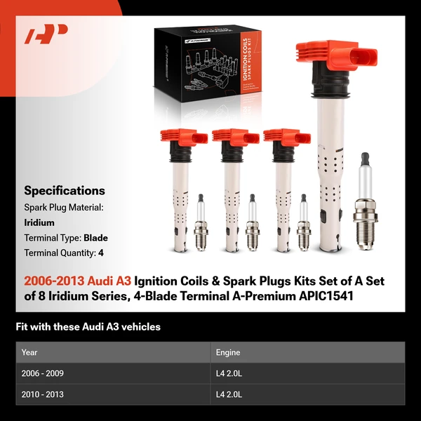 2006-2013 Audi A3 Ignition Coils & Spark Plugs Kits Set of A Set of 8 Iridium Series, 4-Blade Terminal A-Premium APIC1541