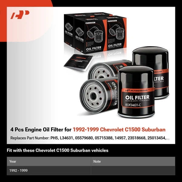 4 Pcs Engine Oil Filter for 1992-1999 Chevrolet C1500 Suburban