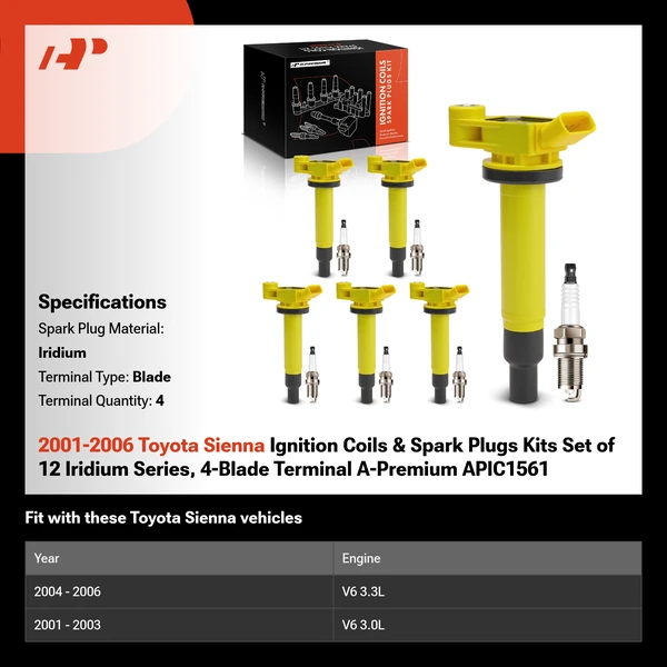 2001-2006 Toyota Sienna Ignition Coils & Spark Plugs Kits Set of 12 Iridium Series, 4-Blade Terminal A-Premium APIC1561