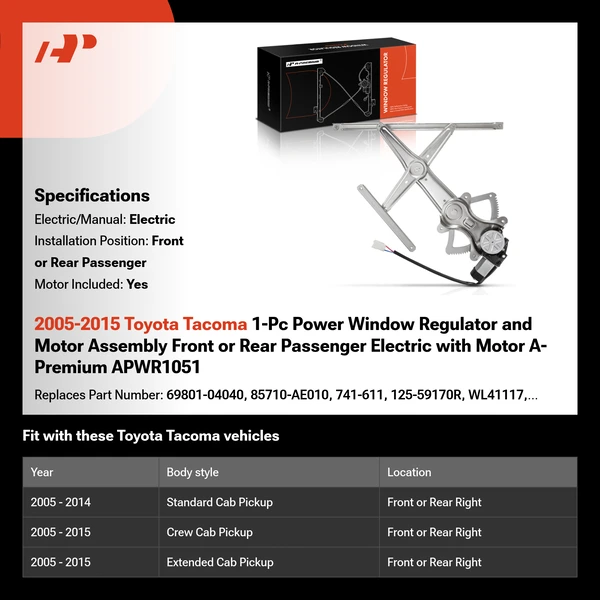 2005-2015 Toyota Tacoma 1-Pc Power Window Regulator and Motor Assembly Front or Rear Passenger Electric with Motor A-Premium APWR1051