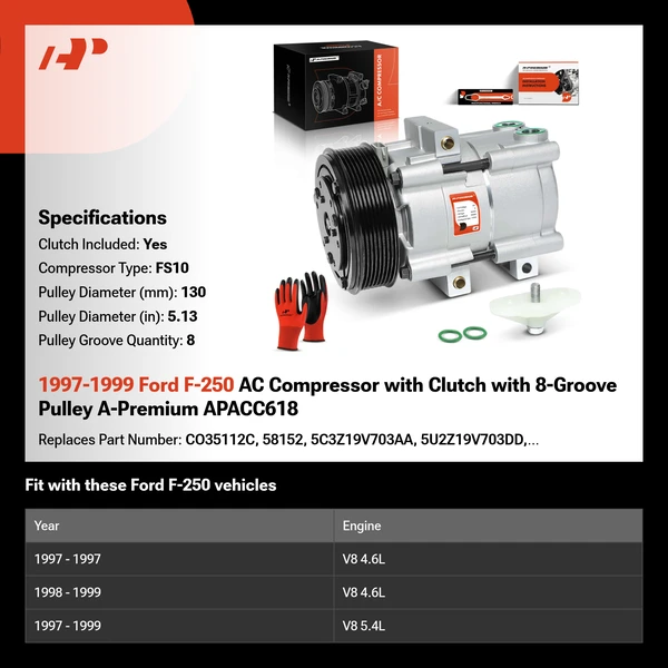 1997-1999 Ford F-250 AC Compressor with Clutch with 8-Groove Pulley A-Premium APACC618