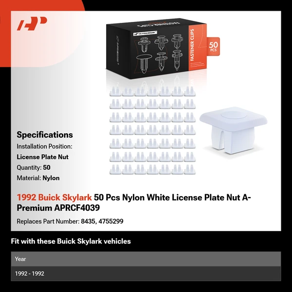 1992 Buick Skylark 50 Pcs Nylon White License Plate Nut A-Premium APRCF4039