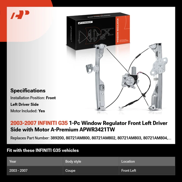 2003-2007 INFINITI G35 1-Pc Window Regulator Front Left Driver Side with Motor A-Premium APWR3421TW