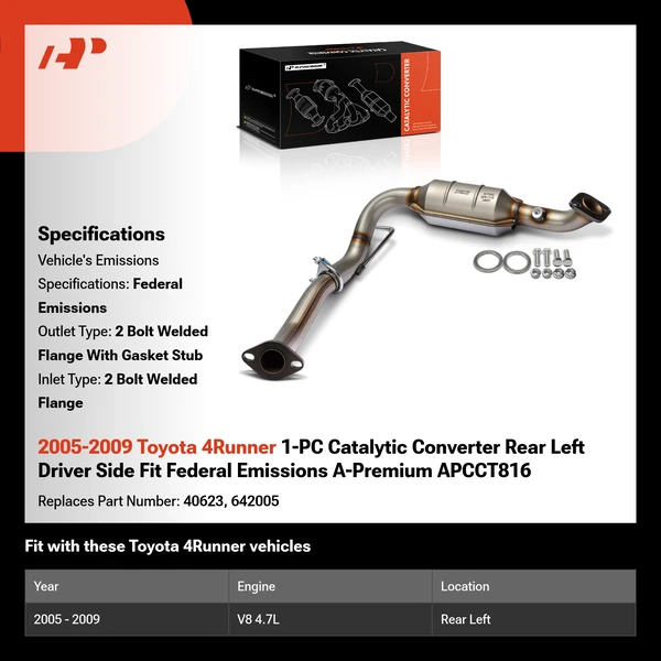 2005-2009 Toyota 4Runner 1-PC Catalytic Converter Rear Left Driver Side Fit Federal Emissions A-Premium APCCT816