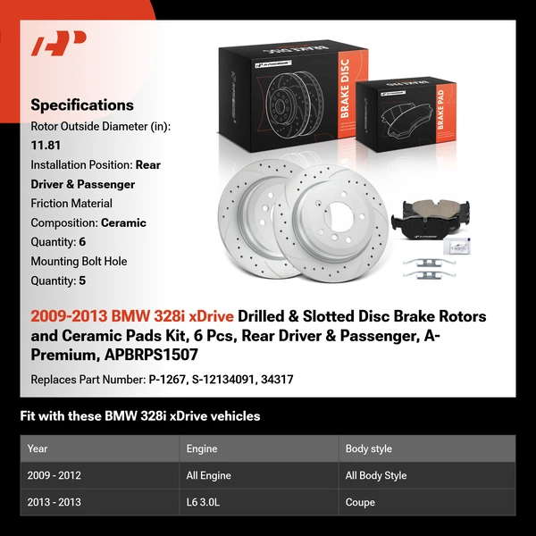 2009-2013 BMW 328i xDrive Drilled & Slotted Disc Brake Rotors and Ceramic Pads Kit, 6 Pcs, Rear Driver & Passenger, A-Premium, APBRPS1507