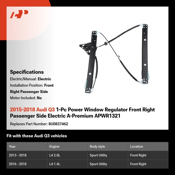 2015-2018 Audi Q3 1-Pc Power Window Regulator Front Right Passenger Side Electric A-Premium APWR1321
