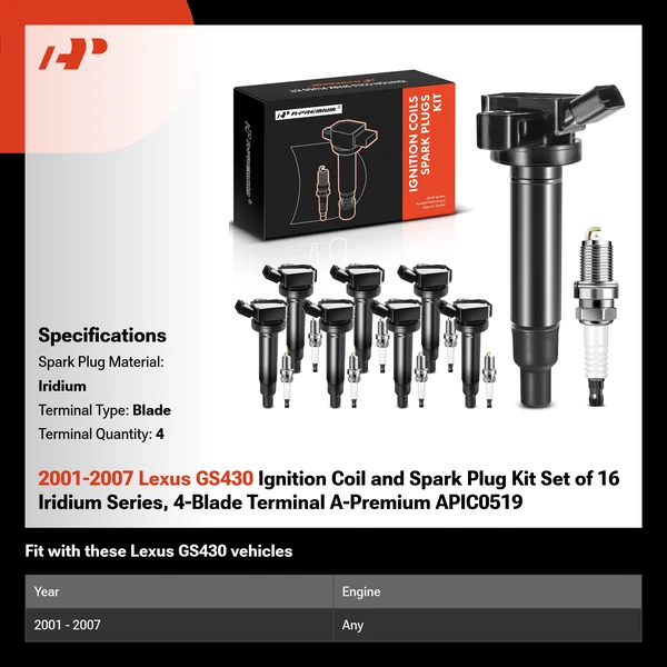2001-2007 Lexus GS430 Ignition Coil and Spark Plug Kit Set of 16 Iridium Series, 4-Blade Terminal A-Premium APIC0519
