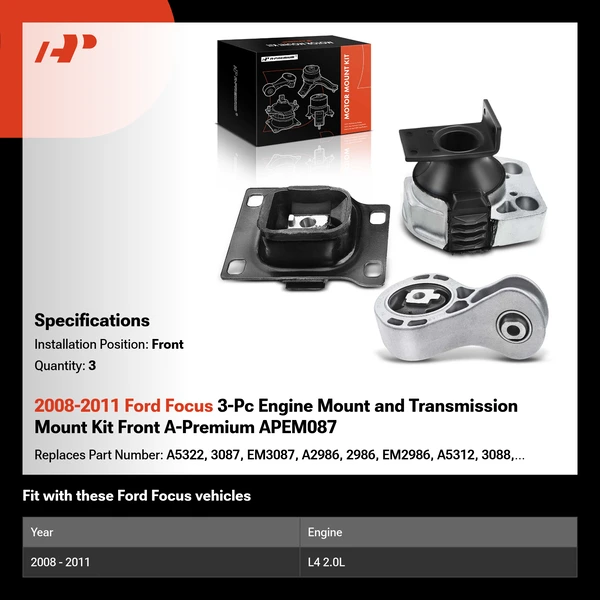 2008-2011 Ford Focus 3-Pc Engine Mount and Transmission Mount Kit Front A-Premium APEM087