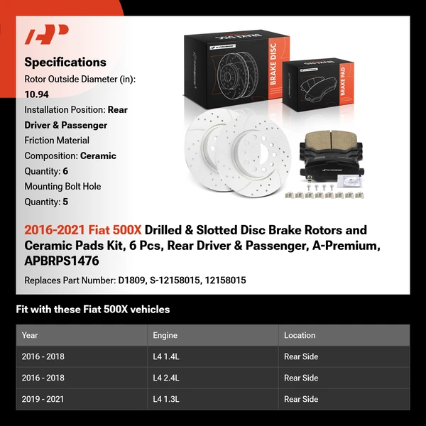 2016-2021 Fiat 500X Drilled & Slotted Disc Brake Rotors and Ceramic Pads Kit, 6 Pcs, Rear Driver & Passenger, A-Premium, APBRPS1476
