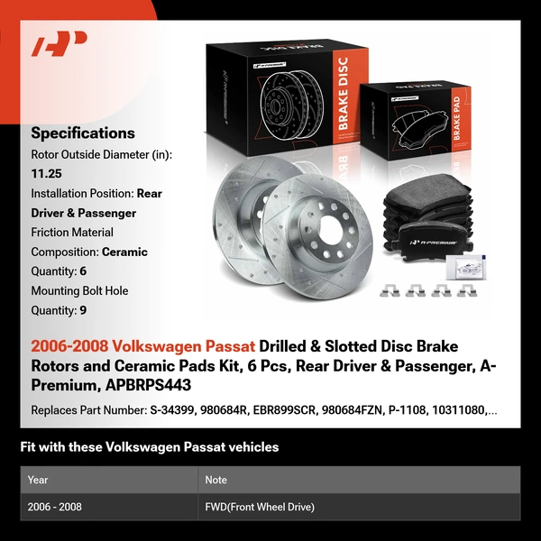 2006-2008 Volkswagen Passat Drilled & Slotted Disc Brake Rotors and Ceramic Pads Kit, 6 Pcs, Rear Driver & Passenger, A-Premium, APBRPS443