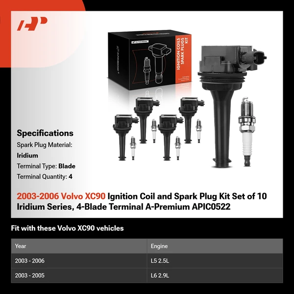 2003-2006 Volvo XC90 Ignition Coil and Spark Plug Kit Set of 10 Iridium Series, 4-Blade Terminal A-Premium APIC0522