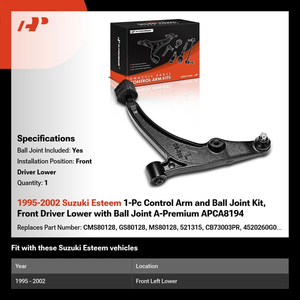 1995-2002 Suzuki Esteem 1-Pc Control Arm and Ball Joint Kit, Front Driver Lower with Ball Joint A-Premium APCA8194