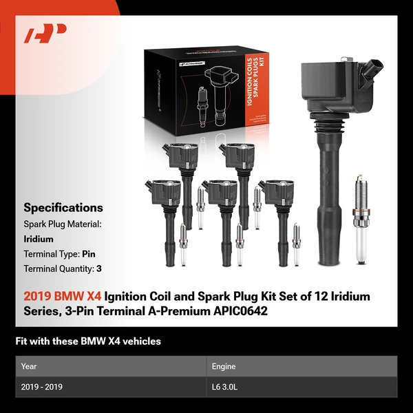 2019 BMW X4 Ignition Coil and Spark Plug Kit Set of 12 Iridium Series, 3-Pin Terminal A-Premium APIC0642