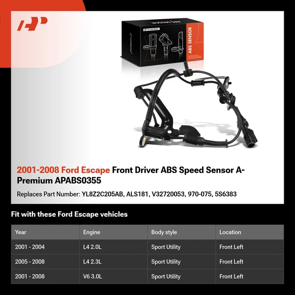2001-2008 Ford Escape Front Driver ABS Speed Sensor A-Premium APABS0355