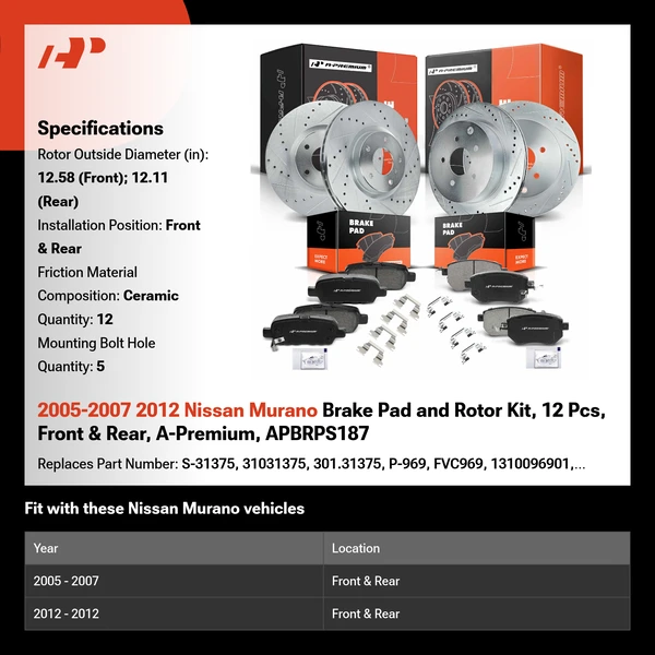 2005-2007 2012 Nissan Murano Brake Pad and Rotor Kit, 12 Pcs, Front & Rear, A-Premium, APBRPS187