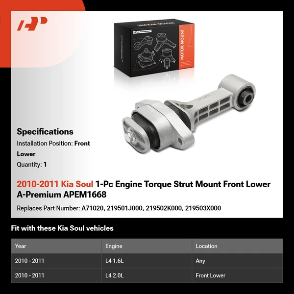 2010-2011 Kia Soul 1-Pc Engine Torque Strut Mount Front Lower A-Premium APEM1668