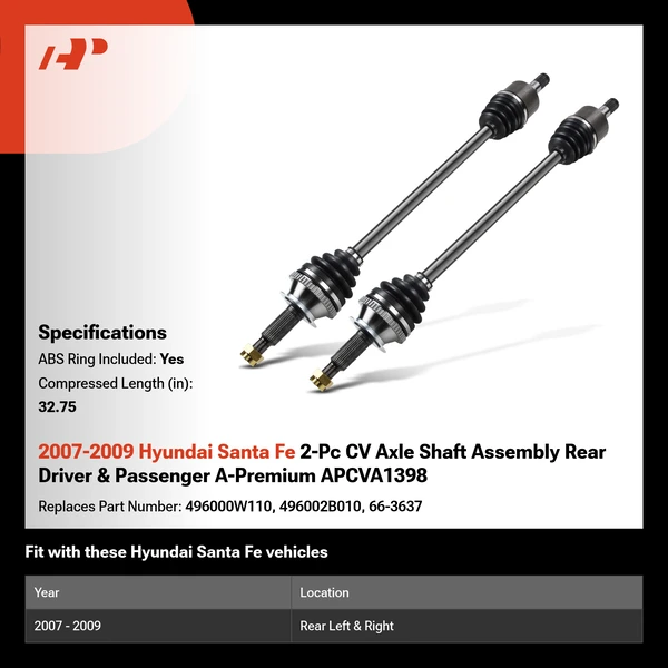 2007-2009 Hyundai Santa Fe 2-Pc CV Axle Shaft Assembly Rear Driver & Passenger A-Premium APCVA1398