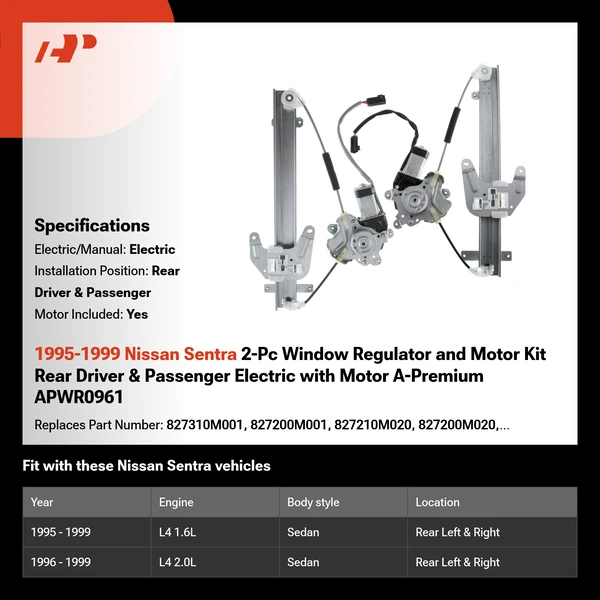 1995-1999 Nissan Sentra 2-Pc Window Regulator and Motor Kit Rear Driver & Passenger Electric with Motor A-Premium APWR0961