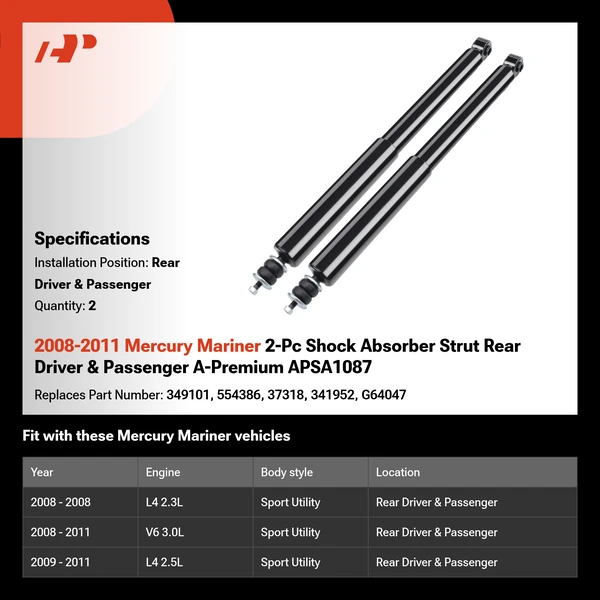 2008-2011 Mercury Mariner 2-Pc Shock Absorber Strut Rear Driver & Passenger A-Premium APSA1087