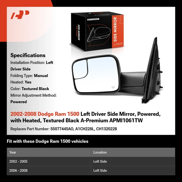 2002-2008 Dodge Ram 1500 Left Driver Side Mirror, Powered, with Heated, Textured Black A-Premium APMI1061TW
