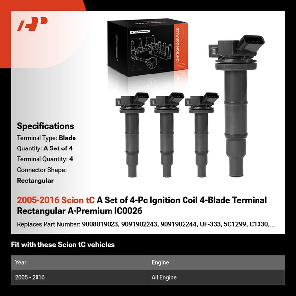 2005-2016 Scion tC A Set of 4-Pc Ignition Coil 4-Blade Terminal Rectangular A-Premium IC0026