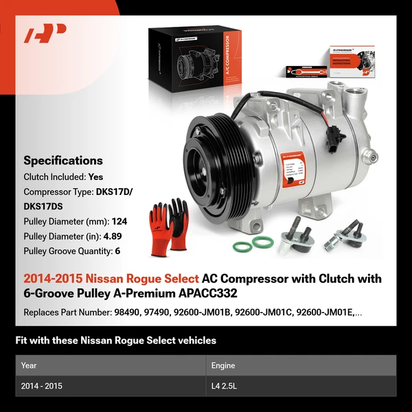 2014-2015 Nissan Rogue Select AC Compressor with Clutch with 6-Groove Pulley A-Premium APACC332