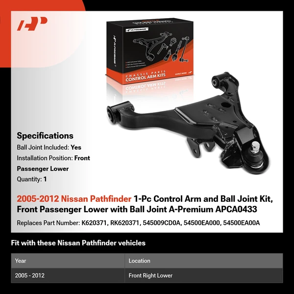 2005-2012 Nissan Pathfinder 1-Pc Control Arm and Ball Joint Kit, Front Passenger Lower with Ball Joint A-Premium APCA0433
