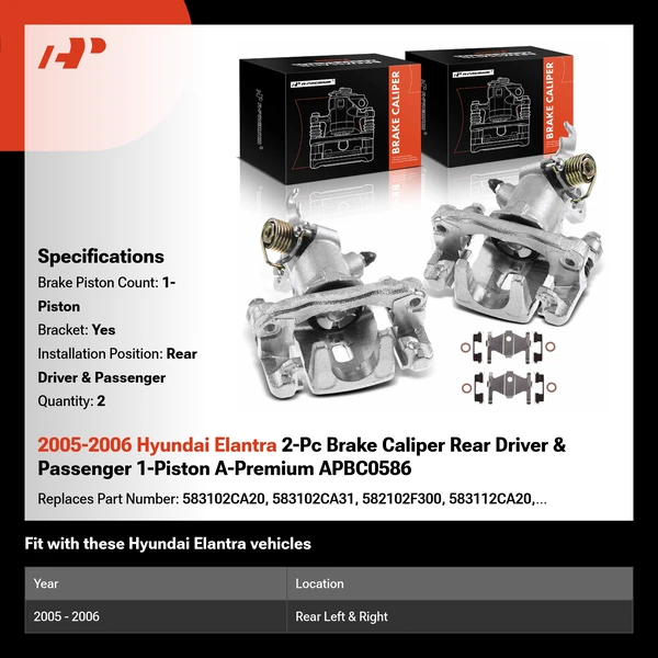 2005-2006 Hyundai Elantra 2-Pc Brake Caliper Rear Driver & Passenger 1-Piston A-Premium APBC0586