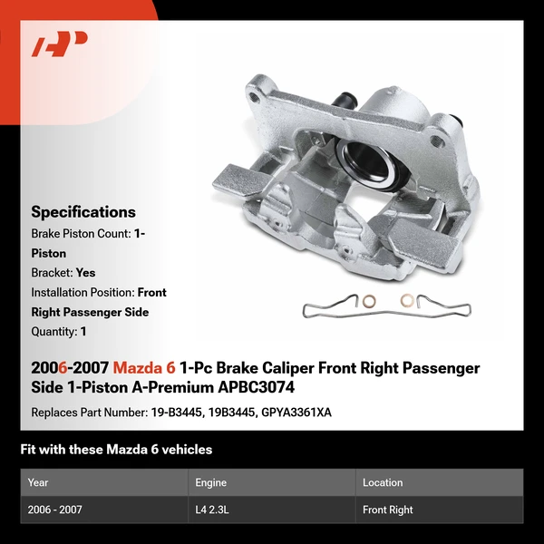 2006-2007 Mazda 6 1-Pc Brake Caliper Front Right Passenger Side 1-Piston A-Premium APBC3074