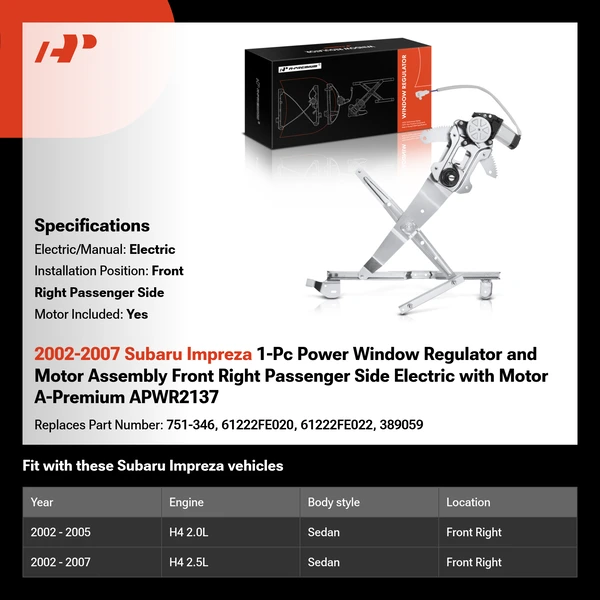 2002-2007 Subaru Impreza 1-Pc Power Window Regulator and Motor Assembly Front Right Passenger Side Electric with Motor A-Premium APWR2137