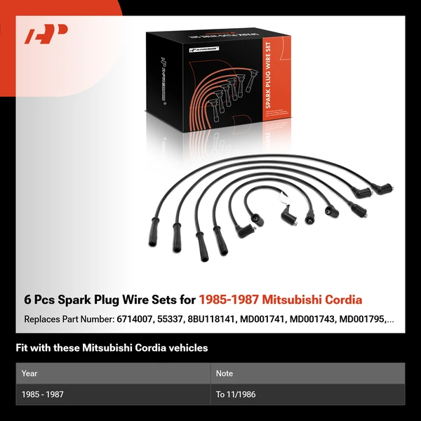 6 Pcs Spark Plug Wire Sets for 1985-1987 Mitsubishi Cordia