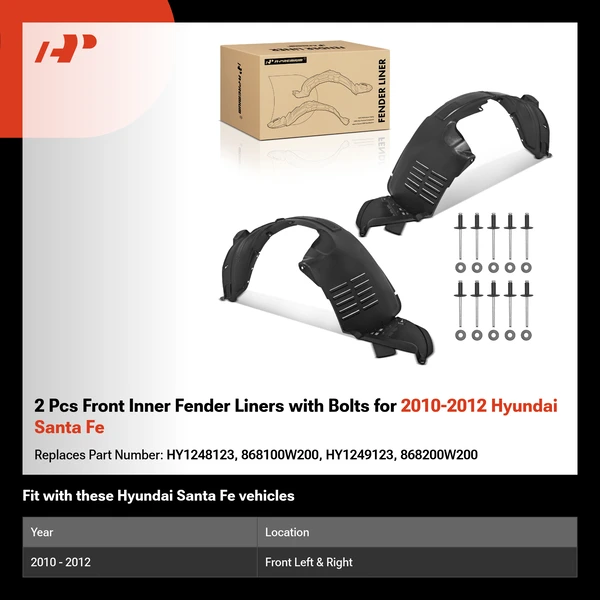 2 Pcs Front Inner Fender Liners with Bolts for 2010-2012 Hyundai Santa Fe