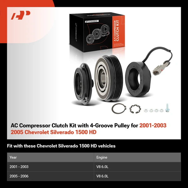 AC Compressor Clutch Kit with 4-Groove Pulley for 2001-2003 2005 Chevrolet Silverado 1500 HD