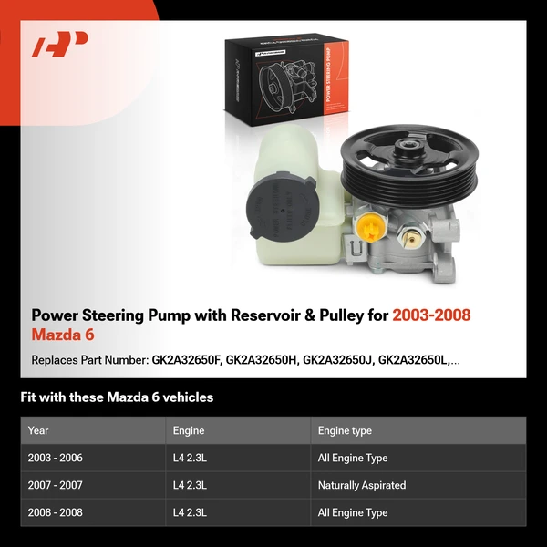 Power Steering Pump with Reservoir & Pulley for 2003-2008 Mazda 6