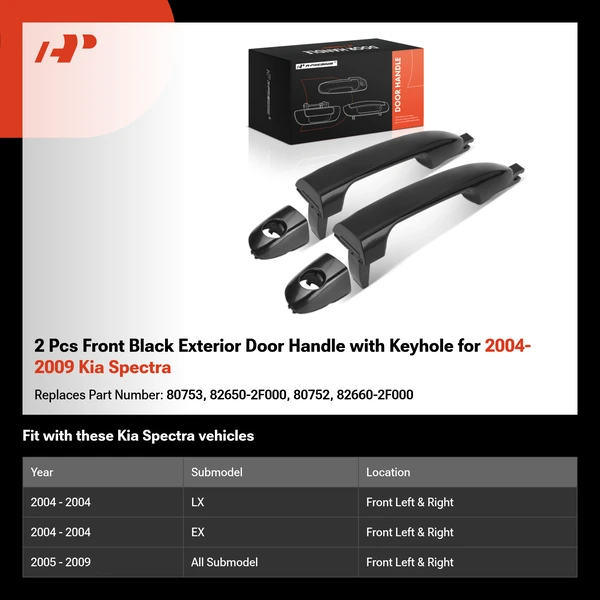 2 Pcs Front Black Exterior Door Handle with Keyhole for 2004-2009 Kia Spectra