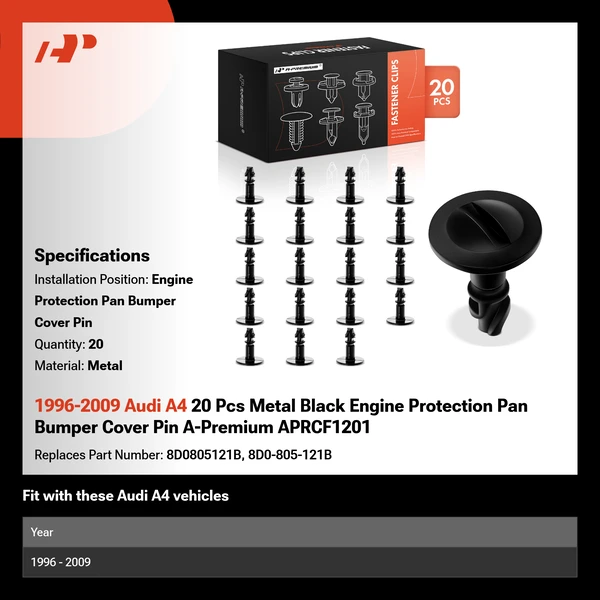 1996-2009 Audi A4 20 Pcs Metal Black Engine Protection Pan Bumper Cover Pin A-Premium APRCF1201